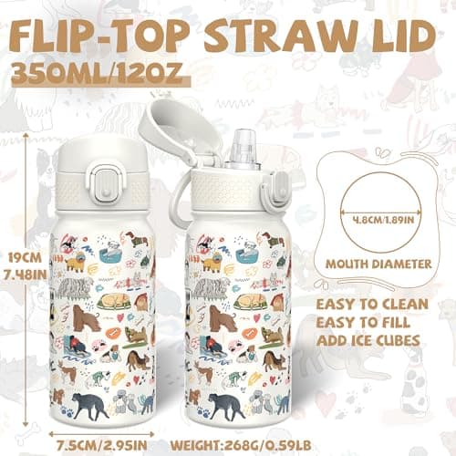 GOPPUS 350ml/12oz Kids Stainless Steel Water Bottle with Straw Toddler Drinks Bottle with Handle Small Insulated Bottles for Girls Boys School Cold Metal Flask with Flip Top Lid BPA Free (White Dog) — view 2