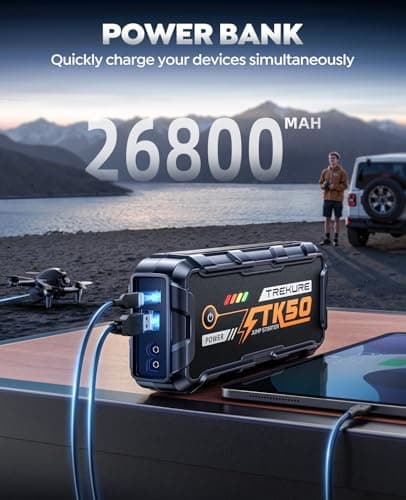 7000A Jump Starter Power Pack, TREKURE 12V Car Battery Booster Jump Starter (Up to ALL Gas/ 12L Diesel), Portable Car Jump Starter Power Bank with Light, Battery Booster with Jump Leads, Fast Charge — view 3