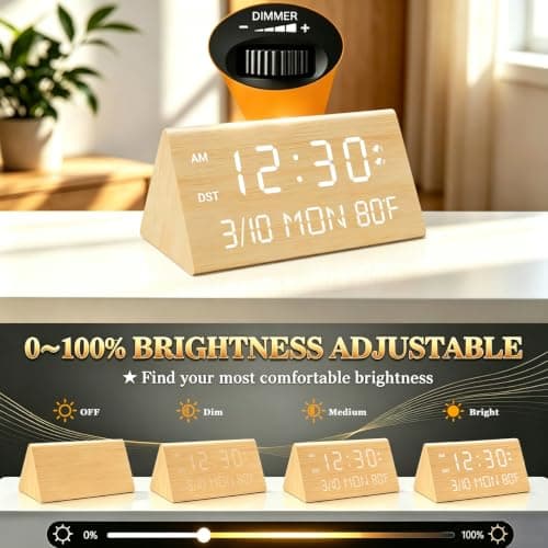Kogonee Wooden Digital Alarm Clock, 0-100% Dimmer, 2 Alarm Settings, Weekday/Everyday Mode, 9 Mins Snooze, 12/24H, Temperature and Date Display for Office, Travel, Bedroom Alarm Clock (Bamboo) — view 4