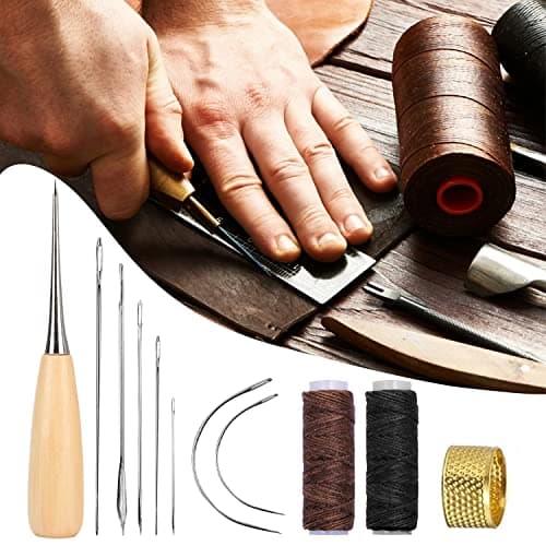 Tinsellns 11Pcs Leather Repair Kit, Leather Stitching Kit with Waxed Thread Sewing Needle, Needle and Thread Kit for Leather Bags, Sofas, Wallets, Black,Brown — view 3