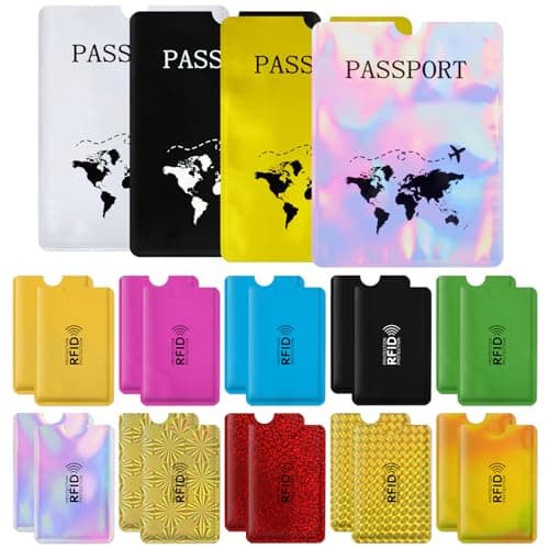 OUZRETUCU RFID Blocking Sleeves Set of 24, 20 Credit Card Protector Sleeves & 4 Protective Passport Holder for travel Women Men, Colorful, Slim, Waterproof