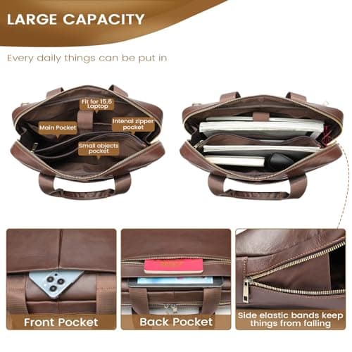 VINBAGGE Genuine Leather Briefcase for Men 14 Inch, Men's Business Laptop Work Bag, Messenger Bag with Adjustable Shoulder Strap, Professional Work Bag for Office Travel Commute — view 3