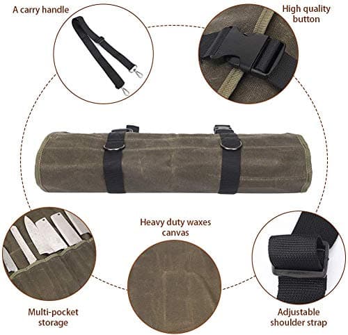 QEES Chefs Knife Roll Bag 11 Slots, Heavy Duty Waxed Canvas Knife Bag, Waterproof Knife Case for Camping, Hiking, Multi-function Tool Roll Bag (Army green) — view 3