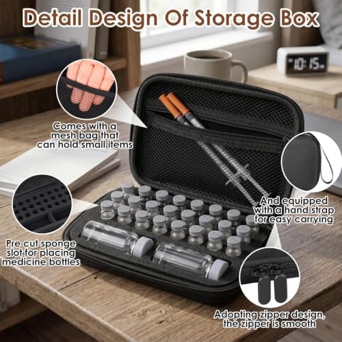 Insulin Vial Holder, Insulin Travel Case with Zipper and Handle, Vial Peptide Storage Box with Mesh Bag Suitcase Refrigerator Cooler Container, Diabetic Supplies Kits Fits 3ml to 10ml Vials (26 Slots) — view 3