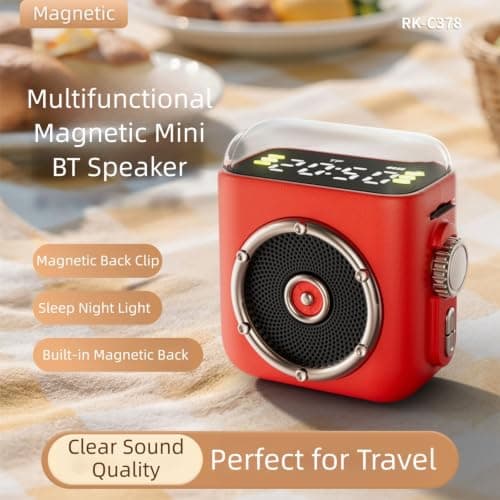 Risveglio Magnetic for Mini Speaker with Night Light and Time Display, Portable Retro Clip-On Audio Dock Outdoor Travel, 400mAh (Pink) — view 3