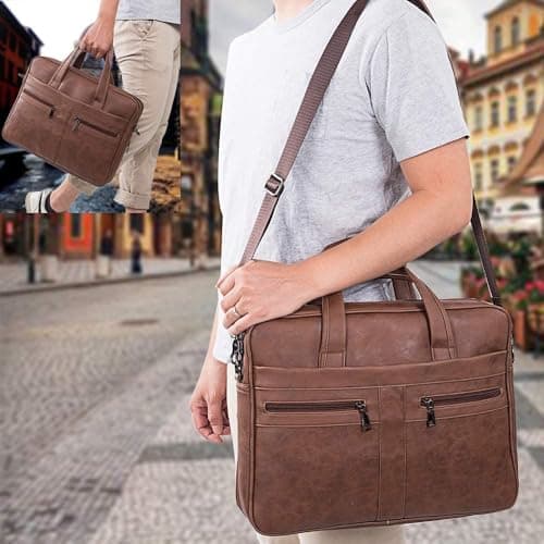 seyfocnia Men's Business Travel Briefcase Leather Messenger Bags Laptop Bag 17.3 inch Work Computer Bag Satchel Bag (Brown) — view 2