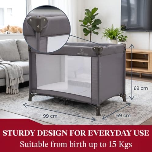 REQUISITE NEEDS Travel Cot, Lightweight, From Birth to 15kg, Easy Fold & Compact, Padded Mattress, Travel Bag - Grey — view 2