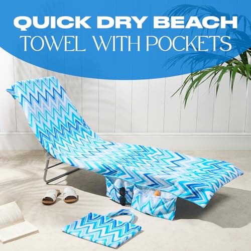 Brentfords Sun Lounger Towels Fitted Over Back of Bed, Zig Zag Swimming Pool Quick Dry Travel Large Beach Towel with Pockets for Loungers Summer Holiday Accessories, 215cm x 75cm — view 2