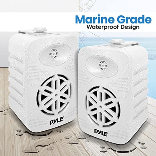 Pyle Indoor Outdoor Speaker Pair, 300W Dual Waterproof 10cm 2-Way Full Range Sound System with 1cm High Compliance Polymer Tweeter, Wall Mounted Bluetooth FM Portable Audio System, White — view 5