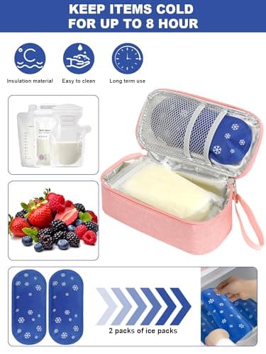 YOUSHARES Breastmilk Cooler Bag - Breast Milk Cooler Travel Bag with Real-Time Temperature Display, Breast Milk Storage Bag with 2 Ice Pack, Small Cool Bag for Insulated Bottle for Breastfeeding(Pink) — view 5