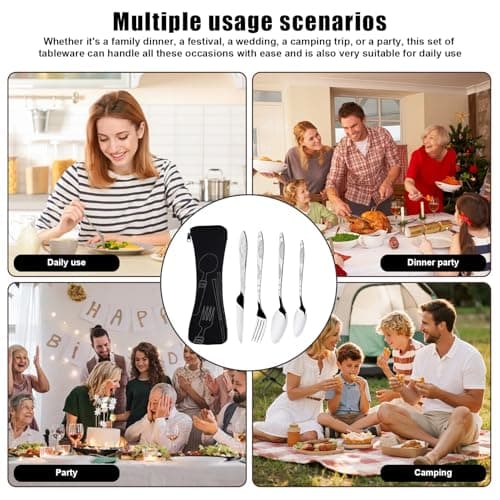4Psc Cutlery Set with Portable Pouch Case, Stainless Steel Flatware Camping Utensil Set Knife, Fork, Spoon, Reusable Flatware Sets Knife for Outdoor Travel Picnic Office School Lunch Box — view 6