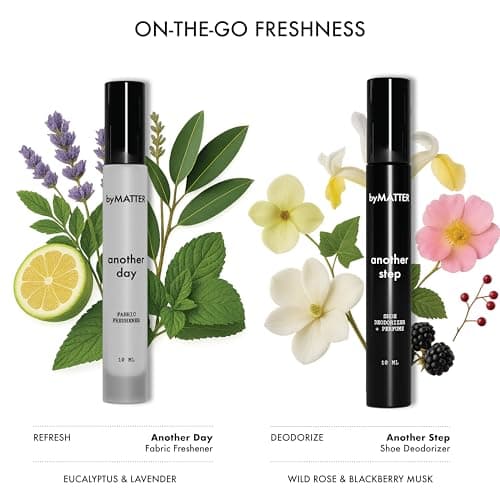 byMATTER Shoe & Fabric Freshener Spray Set – Travel Fabric Refresher & Shoe Deodorizer Pack, Odor Elimination, Suits All Materials, Smell Remover Sprays (2x 0.34 Fl Oz / 10ml) — view 2
