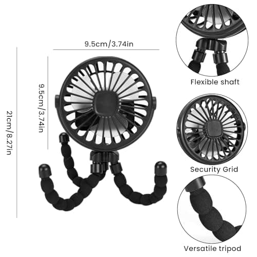 Pram Fan Clip on Stroller, Portable Clip on Fan with 3 Speeds & Night Light, 500mAh USB Rechargeable Stroller Fans, Mini Handheld Baby Fans for Pram Buggy Pushchair Car Bike Camping Travel (Black) — view 2