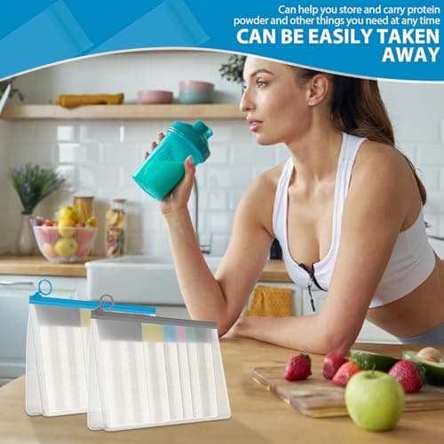 VAVPUP Protein Powder Travel Container Set,PEVA Reusable Protein Container with 2/3 Large Bags,14/21 Powder Bags,1 Spoon,1Funnel,2/3 Label Stickers for Fitness Enthusiasts,Travelers(20pcs) — view 6