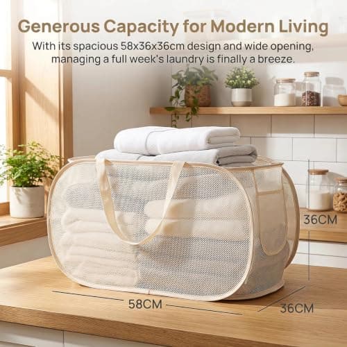 HUANYO Durable Collapsible Laundry Basket, Mesh Pop-up Laundry Hamper with Handy Pocket and Reinforced Carry Handles, Foldable Clothes Hamper for Bathroom, Kids Room or Travel (beige) — view 5