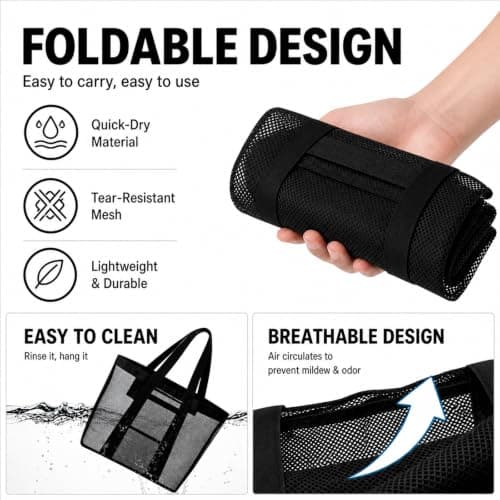 Large Mesh Beach Bag for Women and Men Tote Bag with 8 Pockets for Towels toiletries slippers cups and toys,Beach Essentials Ideal for Swimming Pool Vacation and Travel Lightweight Foldable (Black L) — view 3