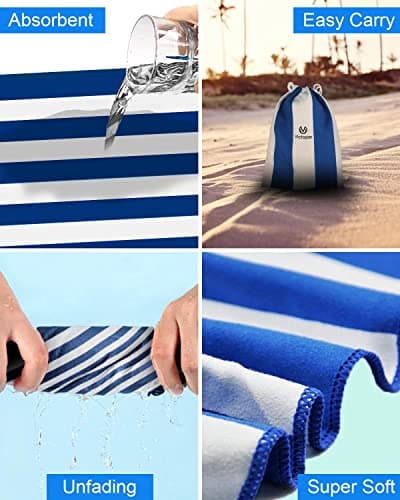 Victoper Microfiber Beach Towel d Rapid Drying Sand Free Soft Compact Lightweight Qualities Beach Towels for Adults Ideal for Swimming Beach Yoga Camping Gym Carry Bag Blue Stripes 79x35 Inch — view 5