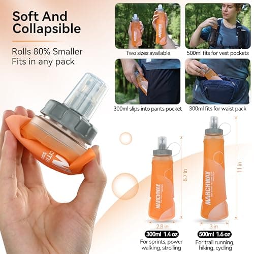 MARCHWAY Soft Hydration Flask with Wide Mouth, 300ml/500ml Collapsible TPU Water Bottle, Leakproof Portable Flexible for Running, Hiking, Cycling, Climbing, Gym, Travel (2pcs Orange 300ml) — view 5