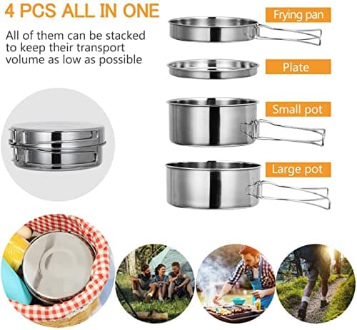 4Pcs Camping Cookware Set, Portable Stainless Steel Camping Cookware Mess Kit Outdoor Camping Cookware Kit Lightweight Pot for 2-3 People Kids Outdoor Camping Hiking Backpacking Travel — view 3
