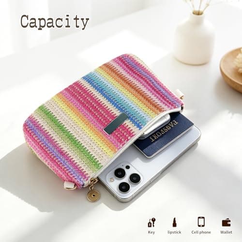 FuninCrea Rainbow Women’s Straw Crossbody Bag with Detachable Strap and Zipper, Lightweight Small Shoulder Bag Straw Bag for Summer Beach Daily (Color 1) — view 3