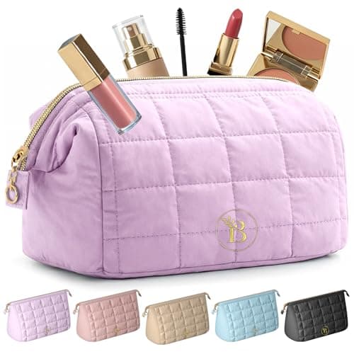 Quilted Pink Makeup Bag for Women, Travel Toiletry Bag with Wide-Open Top & Zipper Pouch, Travel Makeup Case Organizer with Internal Pockets, Puffy Cosmetic Pouch for Everyday Essentials
