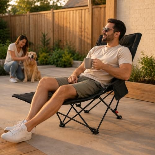 Emirates Living Reclining Camping Chair | 2 in1 Foldable Lounge Chair Bed with Adjustable Backrest | Extra Thick Cotton Padding | Portable Outdoor Chair for Garden, Camping & Travel — view 3
