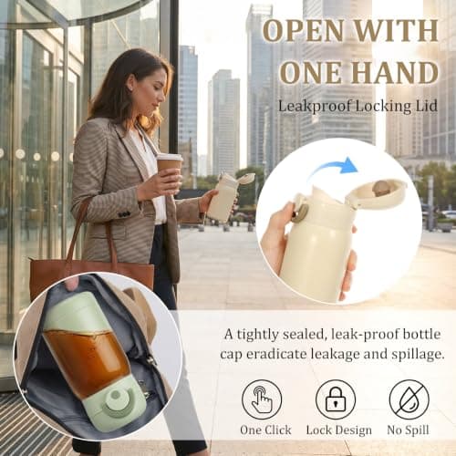 2PCS Small Insulated Water Bottle 200ml Mini Flask with Push-Button Lid, Leakproof Stainless Steel Vacuum Travel Cup for Coffee, Milk, School, Office & Handbag (Light Green/Beige) — view 4