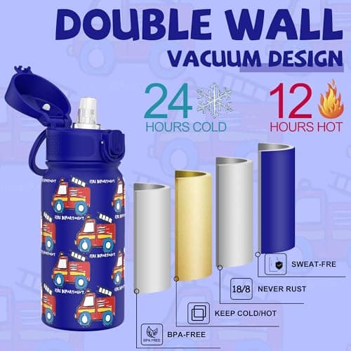 GOPPUS 350ml/12oz Kids Stainless Steel Water Bottle with Straw Toddler Drinks Bottle with Handle Small Insulated Bottles School Cold Metal Flask with Flip Top Lid BPA Free (Blue Fire Engine) — view 5