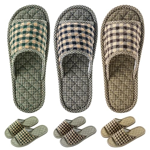biroris 3 Pairs Plaid House Slippers for Men, Open Toe Indoor Slippers Comfortable Washable Portable Foldable Guest Travel Hotel Airplane Spa Slippers, Plaid Slippers, 7-9