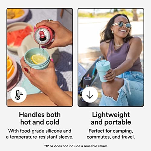 STOJO On-The-Go Collapsible Coffee Cup - 12oz / 355ml - Reusable & Foldable Silicone Travel Mug with Lid - Portable, Pocket Size - Dishwasher Safe - Aquamarine — view 3