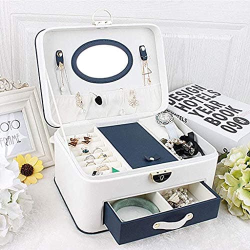 OZBMA Jewellery Organizer for Women Multi-Layer Travel es with Mirror and Lock Earrings Necklaces Rings Bracelet Boxes (25X18.5X13.5cm) (Color : Blue) (White) (White) — view 4