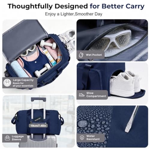 FIORETTO Gym Bag Womens, Sports Bag with Shoe Compartment, Navy Blue — view 4