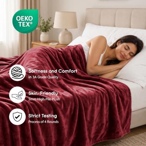 MOONLIGHT20015 Fleece Blanket Burgundy Throws for Sofas Single - 400 GSM Fluffy Blankets for Bed Couch and Travel - Silk Touch Warm Soft Cosy Throw for Adults Kids Fit All Season, 130x150 cm — view 2