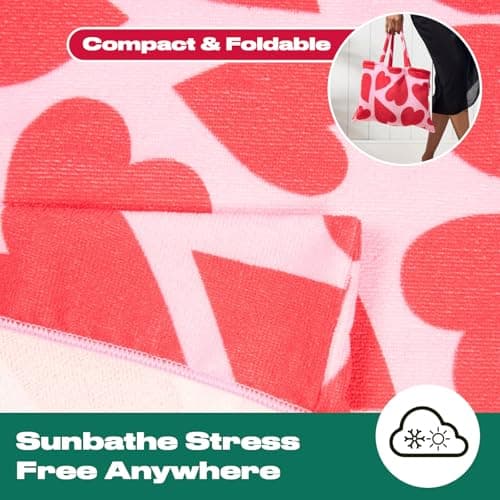 Brentfords Sun Lounger Beach Towel with Pockets, Soft Quick-Dry Absorbent Large Beach Towel in a Bag Lightweight Easy Storage Sun Bed Towels For Beach Holiday Accessories, Pink Hearts - 75 x 215cm — view 6