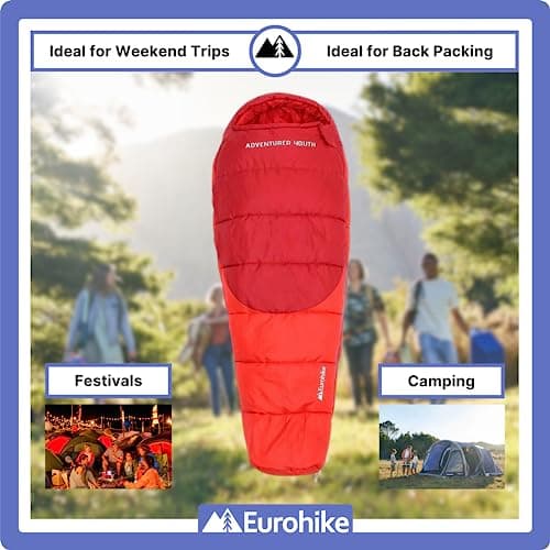 Eurohike Youth Adventurer Sleeping Bag with Pillow Pocket for Teens, Kids, 1 Person, 2-3 Season, Lightweight, Warm, Indoor & Outdoor Use, Camping, Hiking, Backpacking, Compression Bag (Red) — view 5