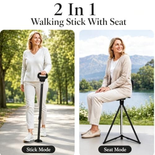 Walking Stick with Seat, Foldable Shooting Stick for Adults Elderly 150 kg Max Load, Portable Cane Stool for Seniors, Easy Carry Chair for Hiking Traveling Camping Queuing Fishing — view 5