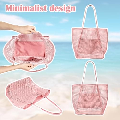 HUANYO Mesh Tote Bag, 23 Litre Beach Bag Extra Large Tote Bags for Women with Zip Pocket, Summer Shopping Bags Reusable for Picnic Holiday Travel Grocery (pink) — view 4