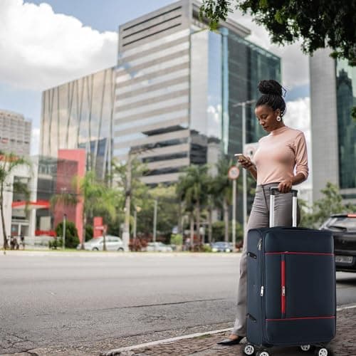 CMY Cabin Suitcase Soft Shell Super Light Weight 4 Spinner Double Wheels Durable Luggage Carry On Expandable 3 Digit Combination Lock 20 Inch (Navy) — view 5