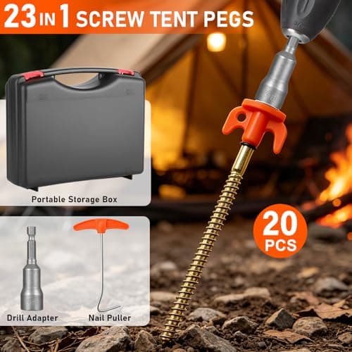 HUIXRKE Tent Pegs Metal Heavy Duty 20cm X 20 Pack - Awning Pegs with Carry Case - Screw In Tent Pegs with Drill Adapter - Rock Pegs for Hard Standing Camping - Galvanised Steel — view 2