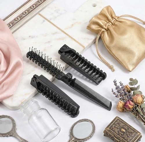 3 Pack Folding Hair Brush & Mini Comb – Compact Travel Hair Brush Set with Dual-Head Folding Design – Portable Pocket Comb for Men Women, Anti-Static Travel Hairbrush (Black, White & Purple) — view 5