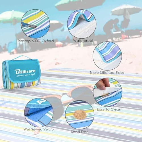 Brillirare Beach Picnic Blanket, Large Sandfree Waterproof Camping Blankets, Foldable Sandproof Oxford Mat, Oversized Packable Family Outdoor Mats for Camping Park Travel Grass Concert-Blue — view 5