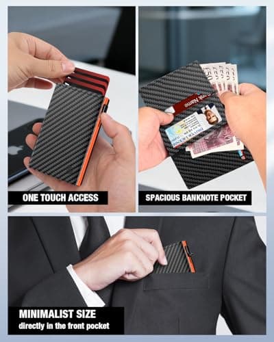 Mens Wallets Credit Card Holder | Wallets for Men with Magnetic Closure & Coin Pocket & ID Window | Minimalist Smart Pop Up Leather Wallet | RFID Card Cases for 12 Cards | Cash Slot | Black & Orange — view 2