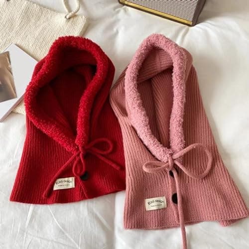 2in1 Winter Warm Hat for Women Knit Hooded Hat Outdoor Activity Scarf Cap Windproof Casual Shawl Fashionable Winter Travel Accessory Red — view 5