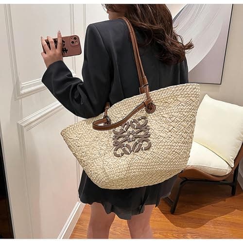 OPLKIOP Straw Shoulder Bag - Women's Woven Straw Handbag - Large Summer Beach Leather Tote With Zipper-White — view 6