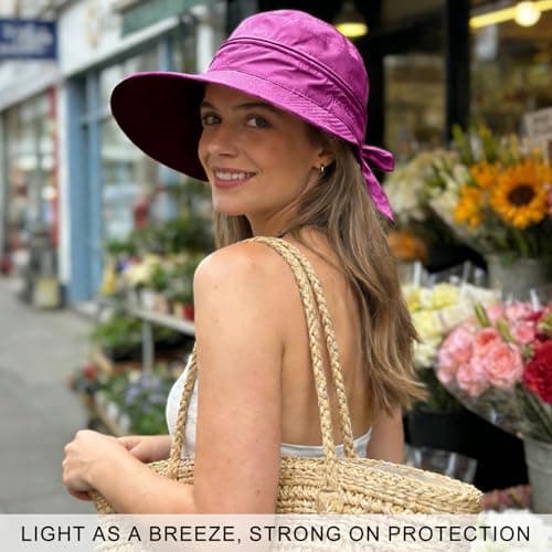 ADUDVLO Sun Hats for Women UK, Stylish UPF 50+ 2-in-1 Detachable Top & Adjustable Visor, Foldable Packable Wide Brim Beach Hat for Travel & Outdoor (Purple Red) — view 6