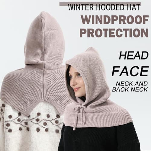 TAGVO 2 in 1 Balaclava Hat With Hooded Scarf, Windproof Slouchy Knitted Balaclava, Winter Soft Pullover Knit Beanie, One Piece Hat and Neck Warmer, Unisex Scarves & Wraps Beige — view 4