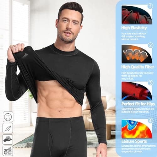 UNIQUEBELLA Mens Thermal Underwear Long Sleeve Tops Thermal Base Layer Bottom Fleece Lined Quick Drying, Black Tops, S — view 5