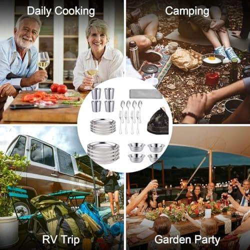 Stainless Steel Camping Mess Kit for Family & Person, Cooking Tableware Utensils with Plates Bowls Forks Spoons Knives & Savings Bag for Camping, Backpacking, Hiking, Picnic (A) — view 5