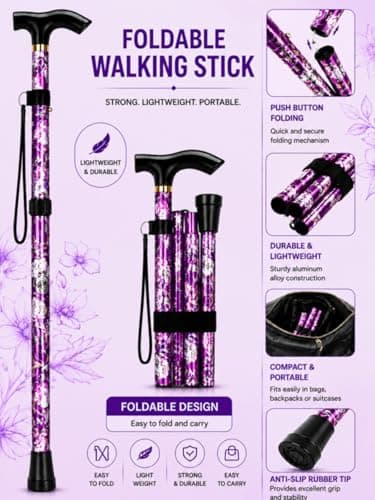 ZallyX Foldable Walking Sticks for Men & Women, 85–95cm Adjustable Ladies Walking Stick, Mobility aids, Collapsible walking stick For Elderly Adults (Purple Flower) — view 4
