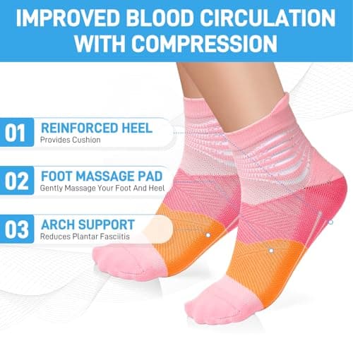 IRAMY Compression Ankle Support Socks Women Wicking Cushioned Athletic Plantar Fasciitis Relief 3 Packs(Pink+Purple+Blue M) — view 3